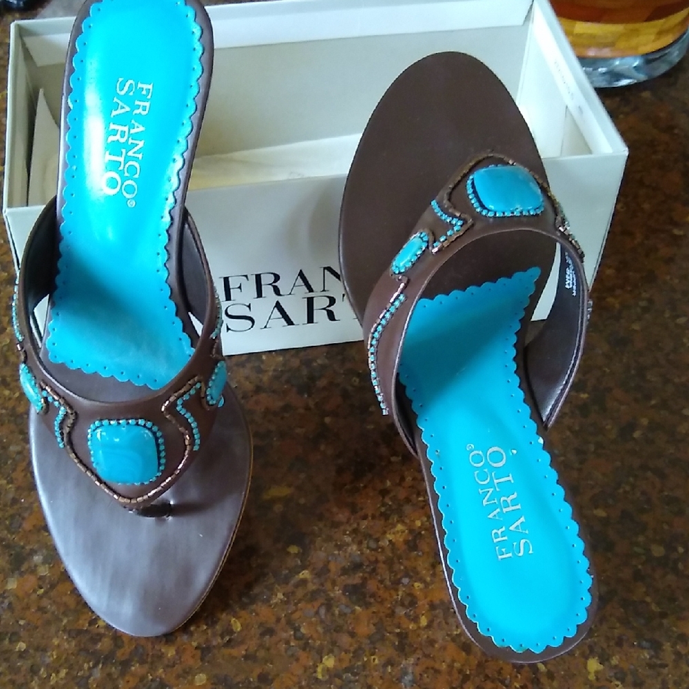 Franco Sarto Brown Sandals with Turquoise Highlights